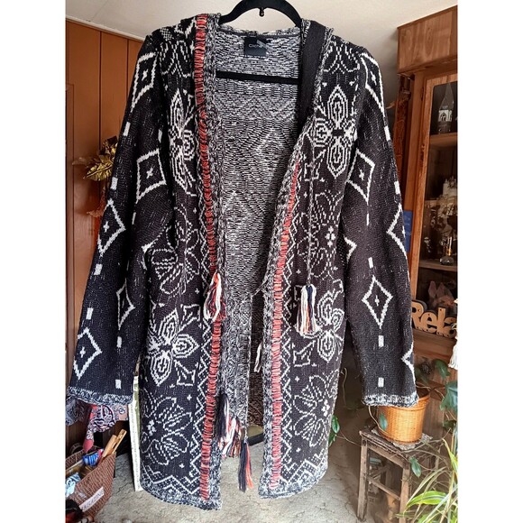 Hippie boho long cardigan sweater brown with embroidery hood open front size L - Picture 1 of 3